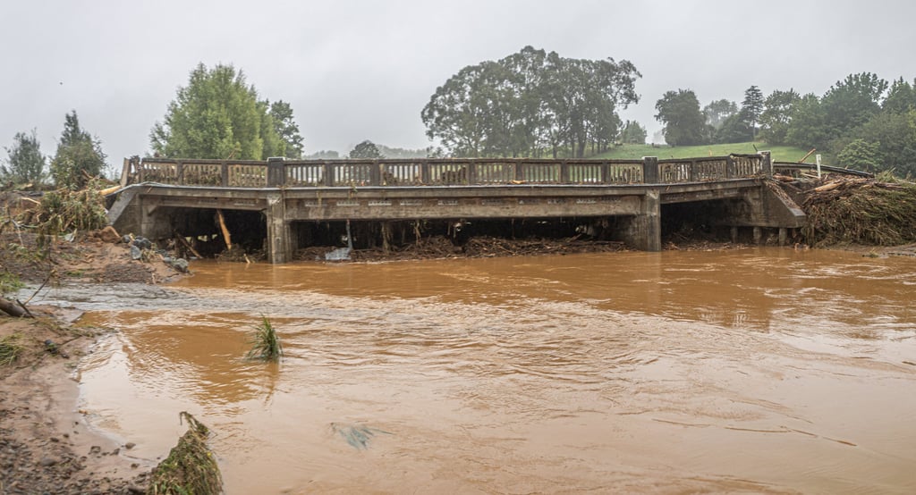 Trees lie near a damaged bridge after heavy rain and wild winds in Puketotara, New Zealand, on Saturday. Photo: Wayne Feisst via Reuters Trees lie near a damaged bridge after heavy rain and wild winds in Puketotara, New Zealand, on Saturday. Photo: Wayne Feisst via Reuters