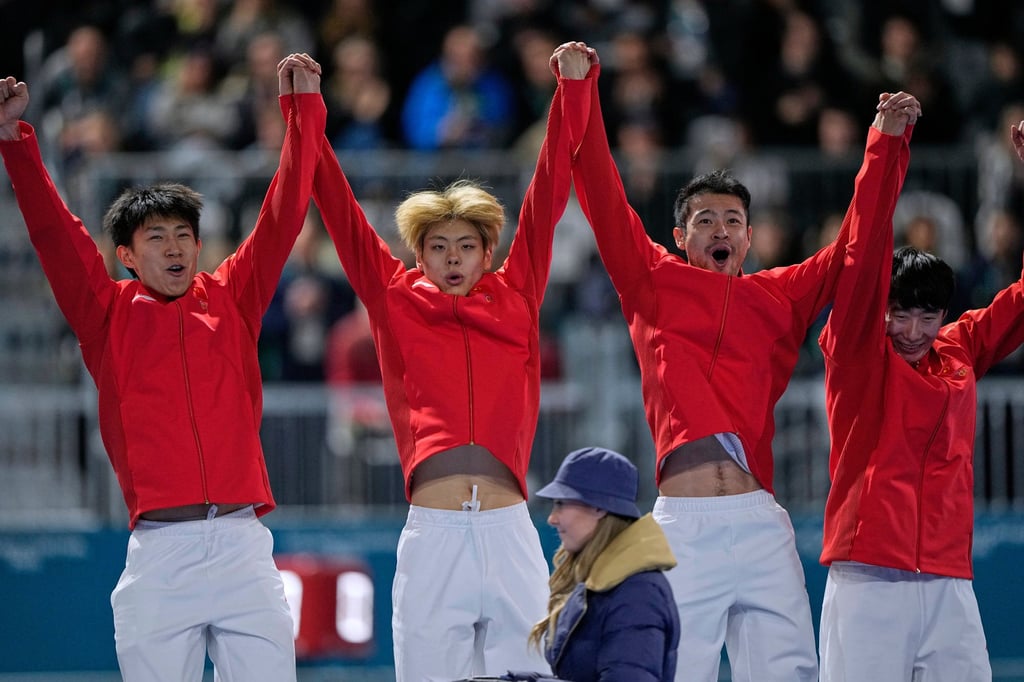 China (from left) Liu Hanbin, Wu Yu, Li Wenhao and Ning Zhongyan celebrate winning bronze. Photo: AP China (from left) Liu Hanbin, Wu Yu, Li Wenhao and Ning Zhongyan celebrate winning bronze. Photo: AP