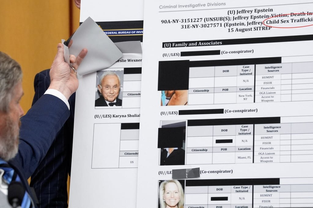US congressman Thomas Massie lifts a piece of paper on a board displaying an FBI document, revealing an image of businessman Les Wexner. Photo: Reuters US congressman Thomas Massie lifts a piece of paper on a board displaying an FBI document, revealing an image of businessman Les Wexner. Photo: Reuters