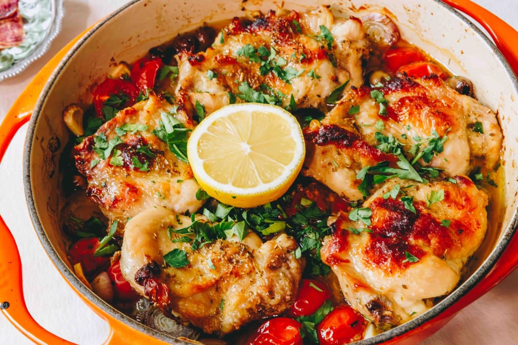 Braised chicken with olives, tomato and oregano. Photo: Jocelyn Tam
