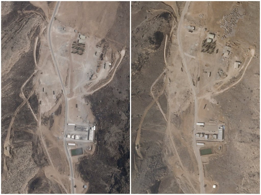Shiraz South missile base before reconstruction, July 3, 2025 (left), and after reconstruction and clearance efforts, January 30, 2026. Photo: Planet Labs PBC via Reuters