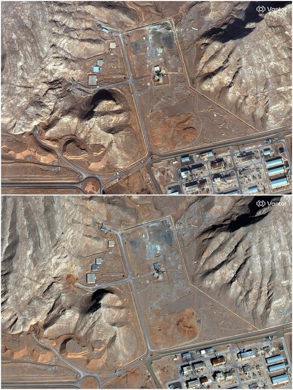 Tunnel entrances at the Isfahan nuclear complex before they were buried with soil, November 11, 2024 (top), and after, February 10, 2026 (bottom). Photo: Vantor via Reuters