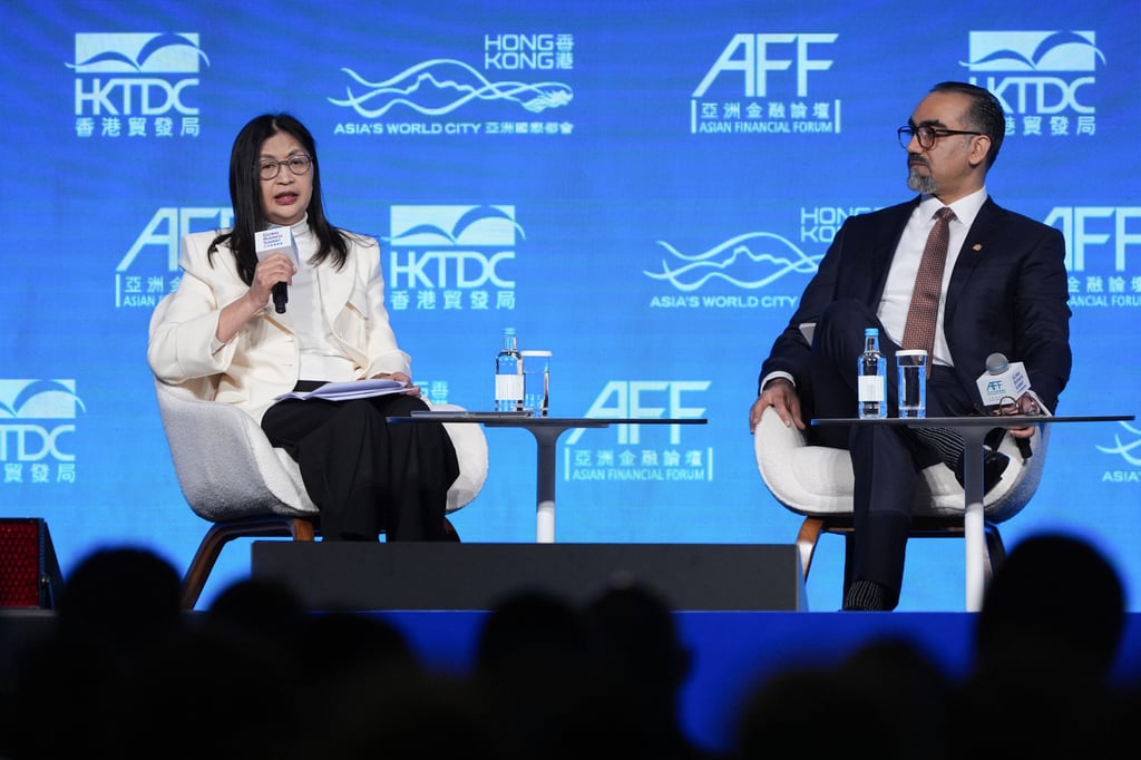 Hong Kong Securities and Futures Commission CEO Julia Leung Fung-yee (left) and UAE Capital Market Authority CEO Waleed Saeed Abdul Salam Al Awadhi share insights during the 19th Asian Financial Forum at Hong Kong Convention and Exhibition Centre on January 26. Photo: Eugene Lee Hong Kong Securities and Futures Commission CEO Julia Leung Fung-yee (left) and UAE Capital Market Authority CEO Waleed Saeed Abdul Salam Al Awadhi share insights during the 19th Asian Financial Forum at Hong Kong Convention and Exhibition Centre on January 26. Photo: Eugene Lee