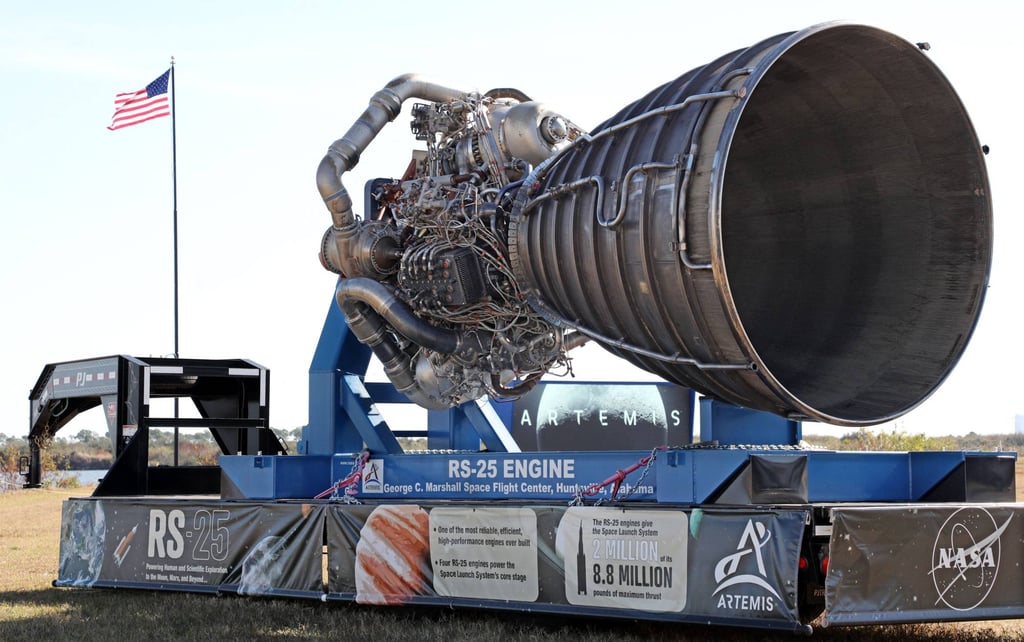 One of the massive RS-25 engines for Nasa’s Artemis II Space Launch System rocket is displayed near the countdown clock at Kennedy Space Centre in Cape Canaveral, Florida, on Friday. Photo: AFP One of the massive RS-25 engines for Nasa’s Artemis II Space Launch System rocket is displayed near the countdown clock at Kennedy Space Centre in Cape Canaveral, Florida, on Friday. Photo: AFP