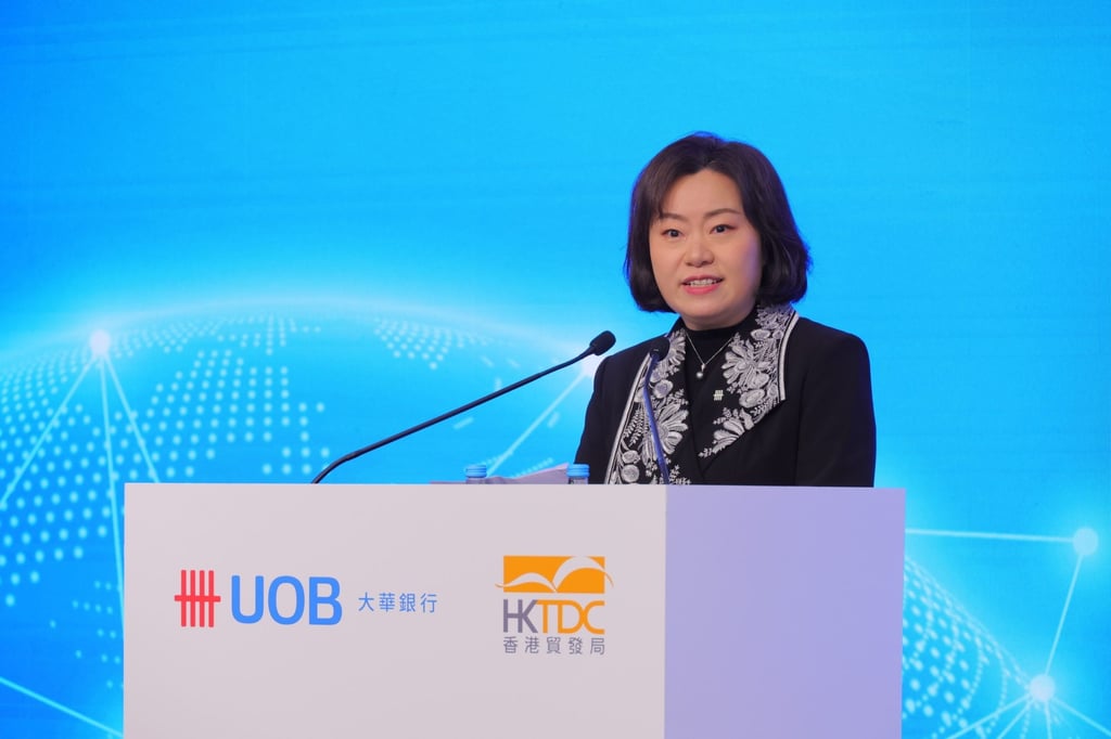 Adaline Zheng, CEO of UOB Hong Kong, speaks at the January launch of a joint study by the bank and the Hong Kong Trade Development Council that examines Asean growth opportunities for GBA enterprises. Photo: UOB