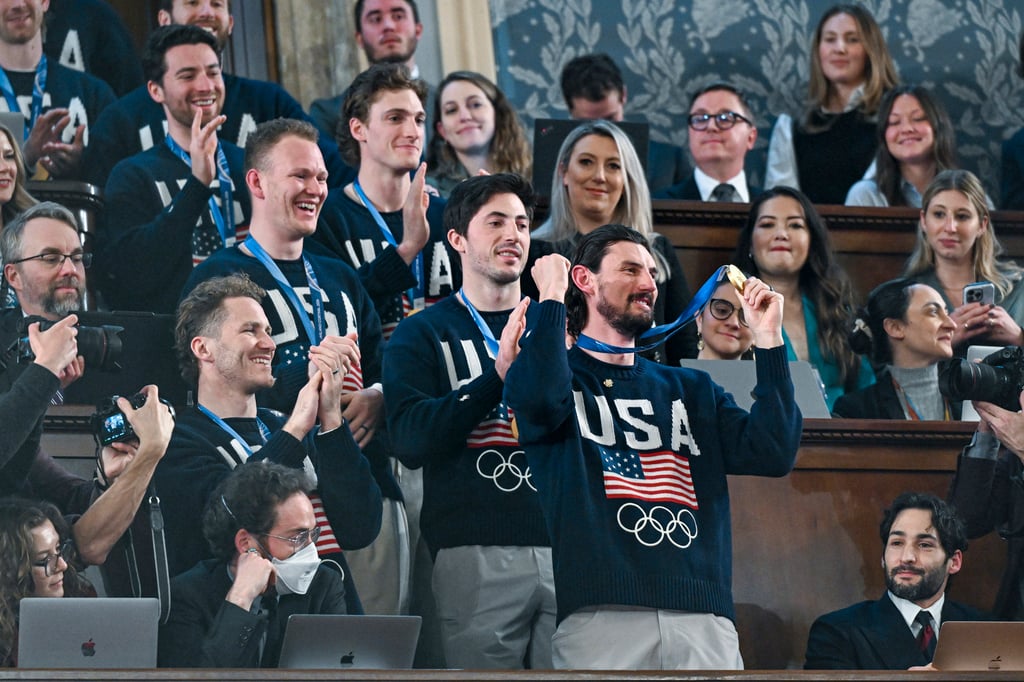The US men’s Olympic ice hockey team, with Connor Hellebuyck in front, attend US President Donald Trump’s State of the Union address on Tuesday. Photo: TNS
