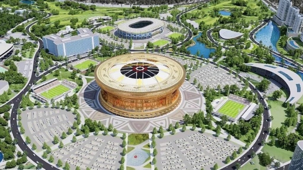 An artist’s impression of the golden, drum-shaped Trong Dong Stadium in Hanoi. Photo: Handout An artist’s impression of the golden, drum-shaped Trong Dong Stadium in Hanoi. Photo: Handout