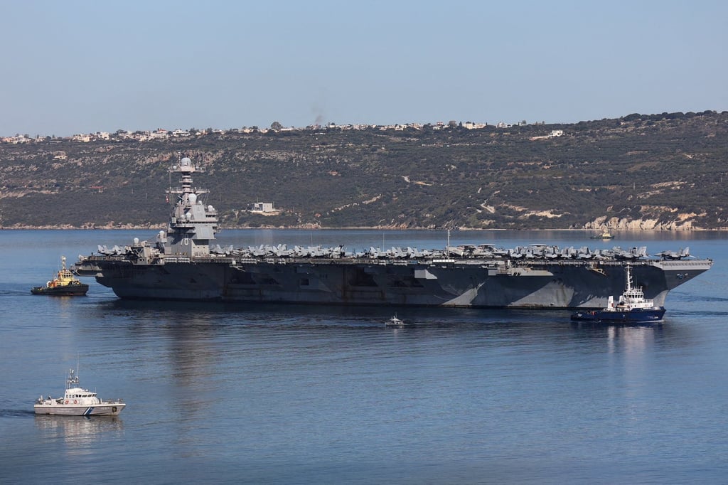 The USS Gerald R. Ford leaves Souda Bay on the island of Crete, Greece, on Thursday. Photo: Reuters The USS Gerald R. Ford leaves Souda Bay on the island of Crete, Greece, on Thursday. Photo: Reuters