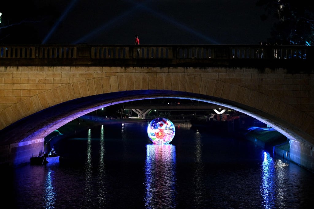 A floating football installation on the Parramatta River ahead of the Womens Asian Cup. Photo: AFP
