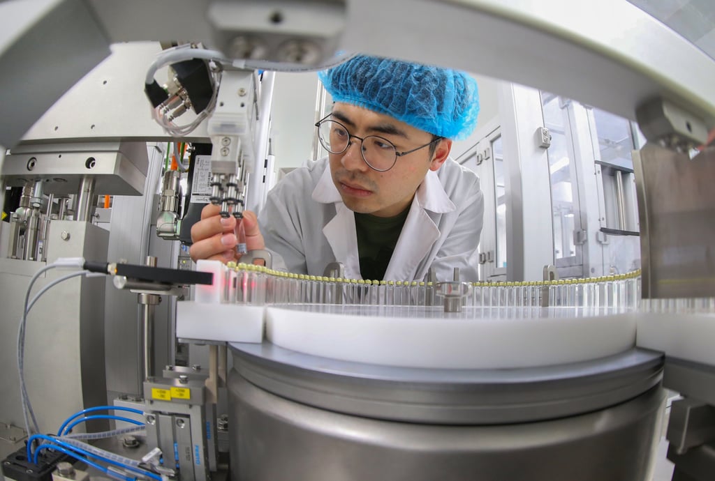 A worker checks a bottle filling fixture at a preparation workshop of Hengrui Biomedical Industrial Park in Lianyungang, Jiangsu province. Photo: Costfoto/Future Publishing via Getty Images A worker checks a bottle filling fixture at a preparation workshop of Hengrui Biomedical Industrial Park in Lianyungang, Jiangsu province. Photo: Costfoto/Future Publishing via Getty Images