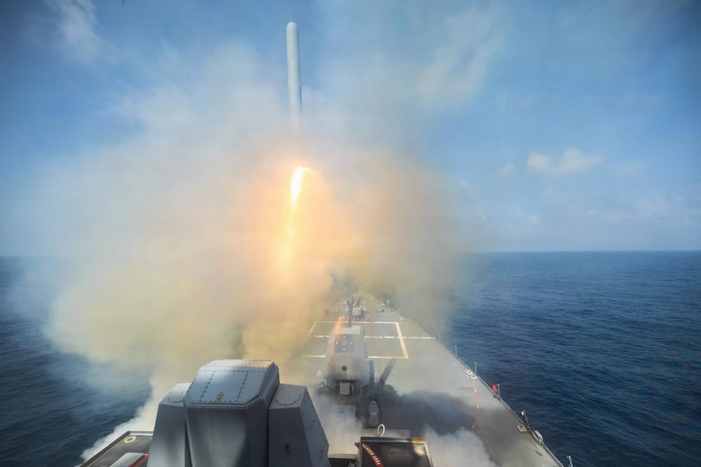 The USS Spruance, an Arleigh Burke-class guided-missile destroyer, fires a Tomahawk Land Attack Missile in support of Operation Epic Fury on Saturday. Photo: US Navy via AP