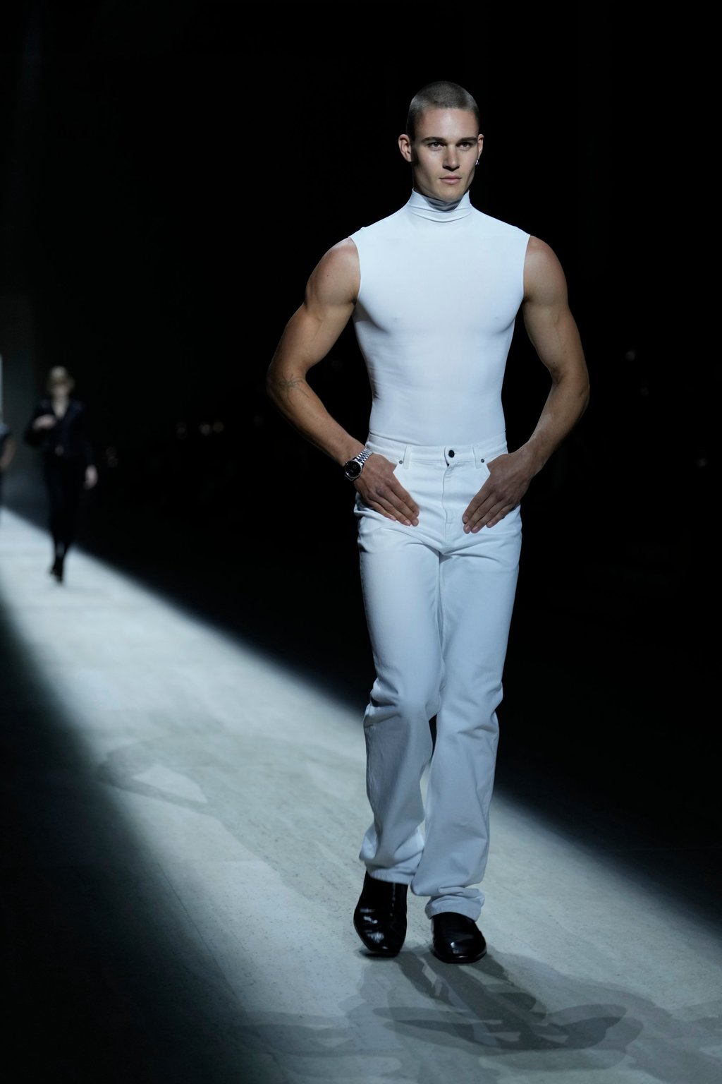 Most male models wore tight-fitting clothes to showcase their muscles. Photo: AP Most male models wore tight-fitting clothes to showcase their muscles. Photo: AP
