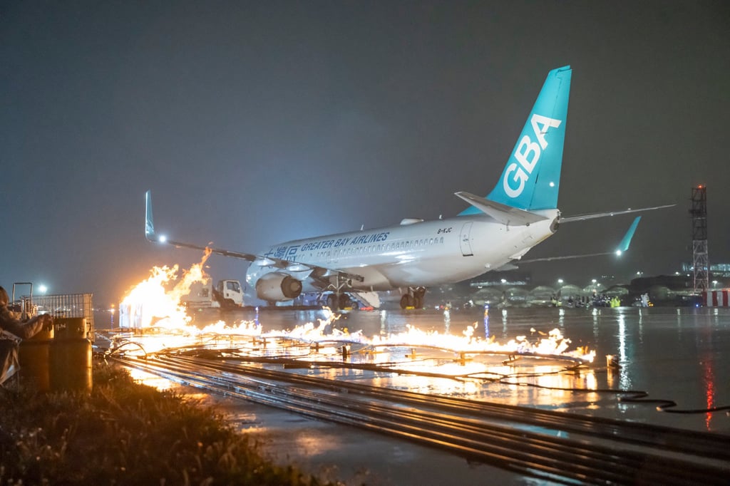 The drill simulates an emergency in which a fire is ignited after the landing gear of the plane malfunctions. Photo: Handout The drill simulates an emergency in which a fire is ignited after the landing gear of the plane malfunctions. Photo: Handout