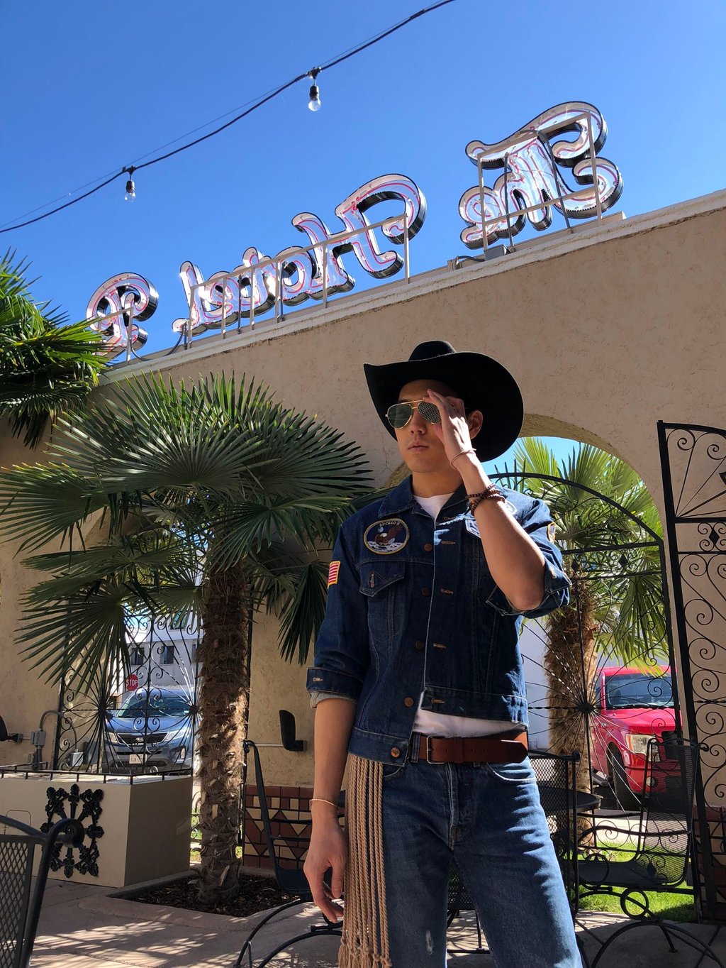 Calvin Wang in vintage denim and a Stetson hat. Photo: Handout