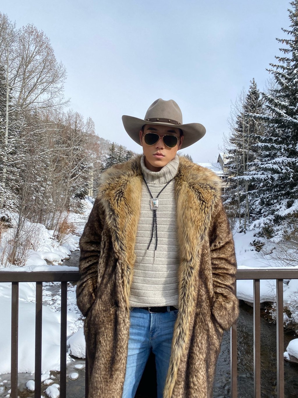 Calvin Wang in a Dries van Noten fur coat and Stetson. Photo: Handout