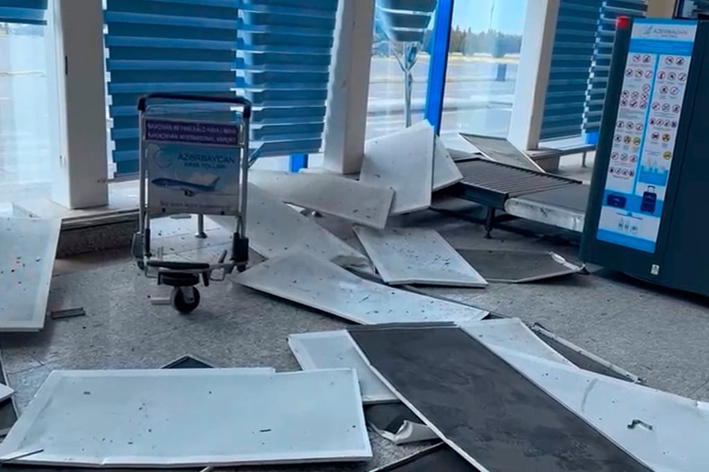 Damage at the Nakhchivan International Airport following what Azerbaijan’s foreign ministry said was a drone attack carried out by Iran. Photo: AP