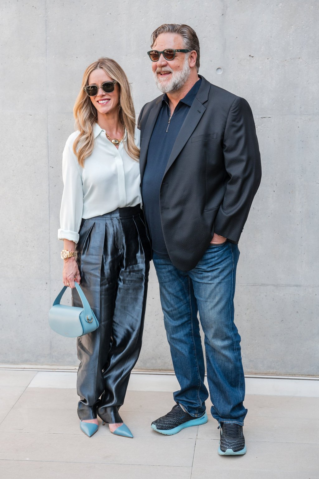 Britney Theriot and Russell Crowe arrive at the Giorgio Armani fashion show during the Milan menswear spring/summer season, in June 2024. Photo: Getty Images