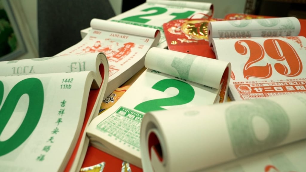 Chinese calendars, the kind Ma’s widget app mimics, displayed on a table at a calendar shop in Hong Kong. Photo: SCMP