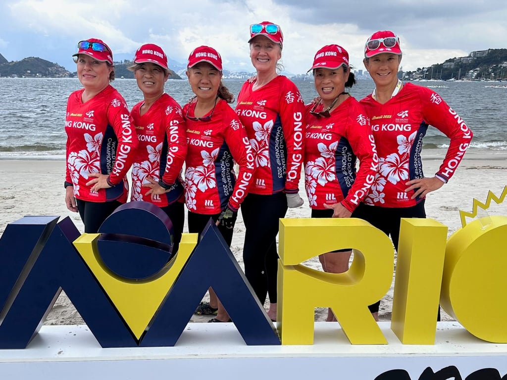 Eva Lind-Mallo (left) and members of the women’s Masters 50 Hong Kong outrigger canoeing team are pictured at the World Distance Championship in Rio de Janeiro in 2025. Photo: Mihaela Tudo