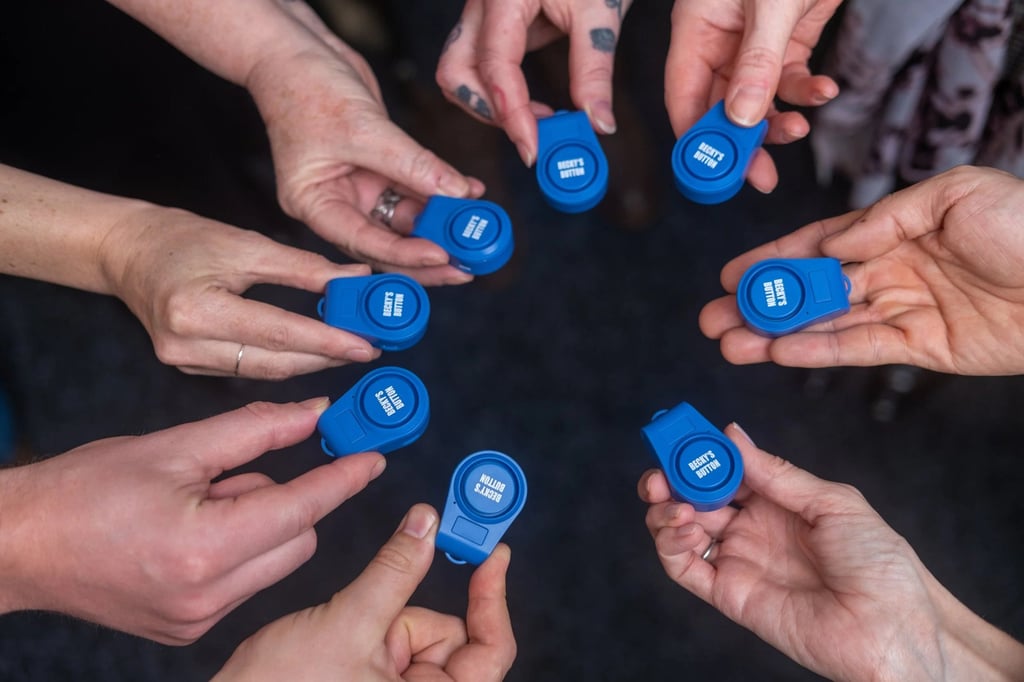 Becky’s Button is a small, lightweight and clippable panic button designed to have a noise level that can deter attackers, draw attention of passers-by and give the wearer precious seconds to escape. Photo: Facebook