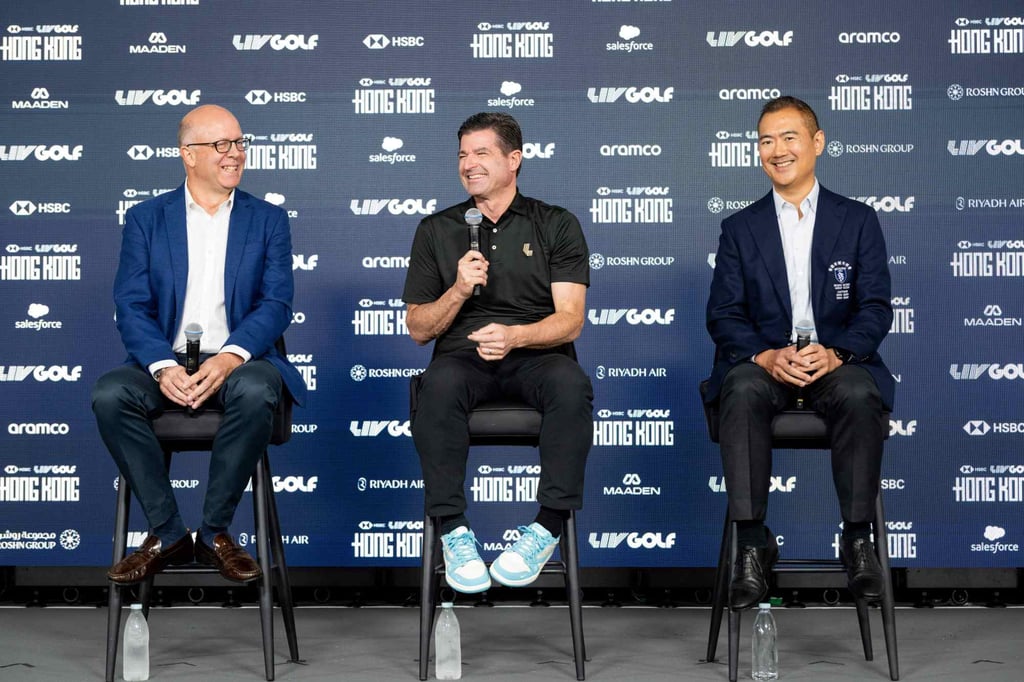 Scott O'Neil (centre) with HSBC managing director Andrea De Vincentiis (left) and Hong Kong Golf Club captain Andy Kwok speaking to the press ahead of the HSBC LIV Golf Hong Kong. Photo: LIV Golf