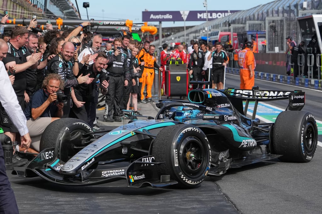 Mercedes driver George Russell enters the pit after winning the Australian Grand Prix. Photo: AP