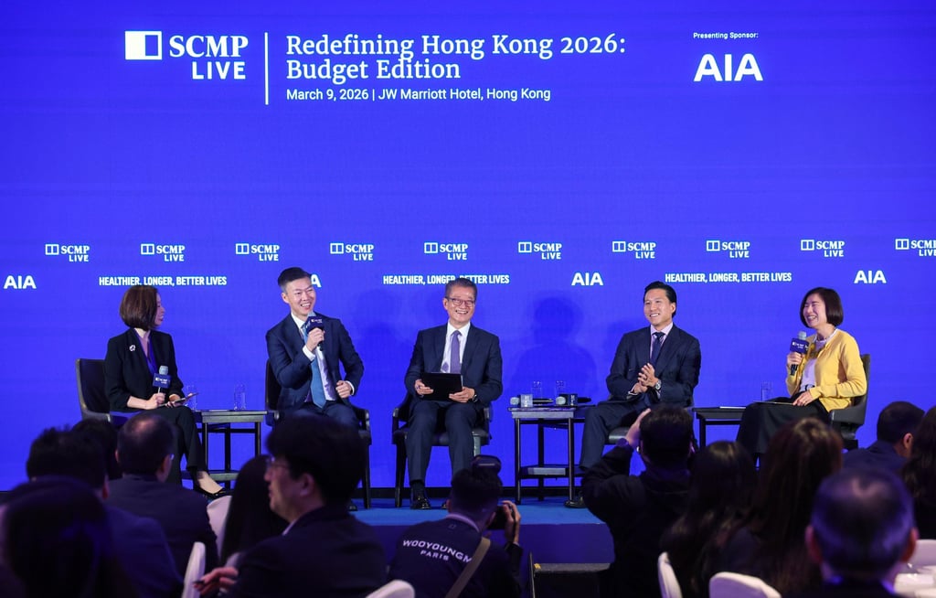 (Left to Right) SCMP deputy Hong Kong editor Olga Wong, CEO of AIA Hong Kong & Macau Alger Fung, finance chief Paul Chan, Hong Kong McKinsey managing partner Arthur Shek and SCMP news editor Denise Tsang. Photo: Dickson Lee (Left to Right) SCMP deputy Hong Kong editor Olga Wong, CEO of AIA Hong Kong & Macau Alger Fung, finance chief Paul Chan, Hong Kong McKinsey managing partner Arthur Shek and SCMP news editor Denise Tsang. Photo: Dickson Lee
