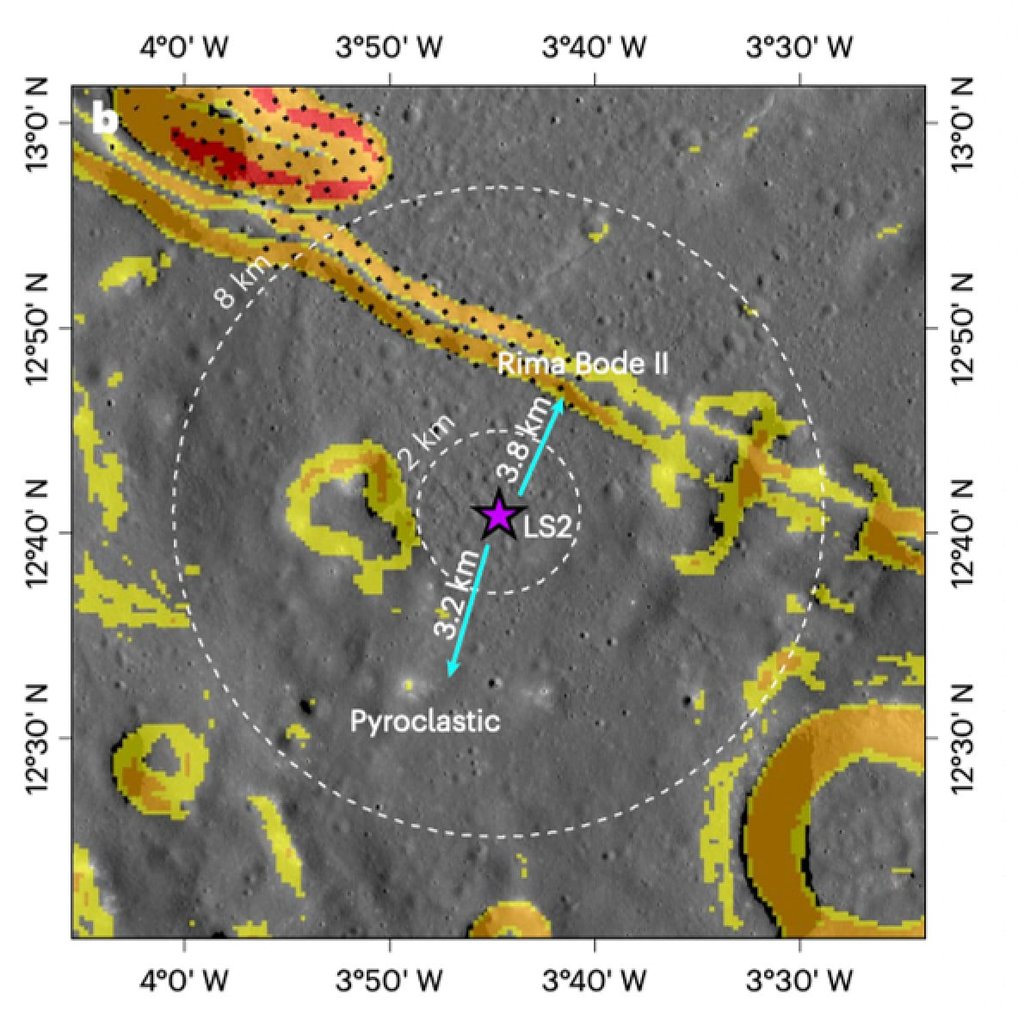 Four feasible landing sites, high-value science targets and surface hazards. The purple star marks the proposed landing site LS2 . Photo: Nature Astronomy