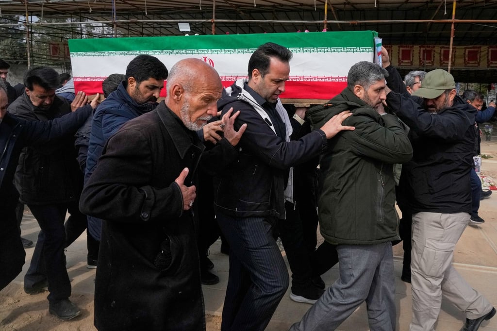 The coffin of a man killed in a US-Israeli strike, in Tehran, Iran, on Monday. Photo: AP