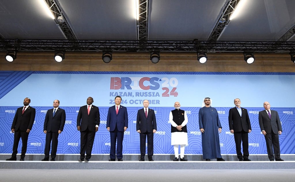 Brics+ leaders, including Iranian President Masoud Pezeshkian (second from right) and UAE Foreign Minister Abdullah bin Zayed al-Nahyan (third from right), at a Brics summit held in Russia in 2024. Photo: Kremlin/dpa