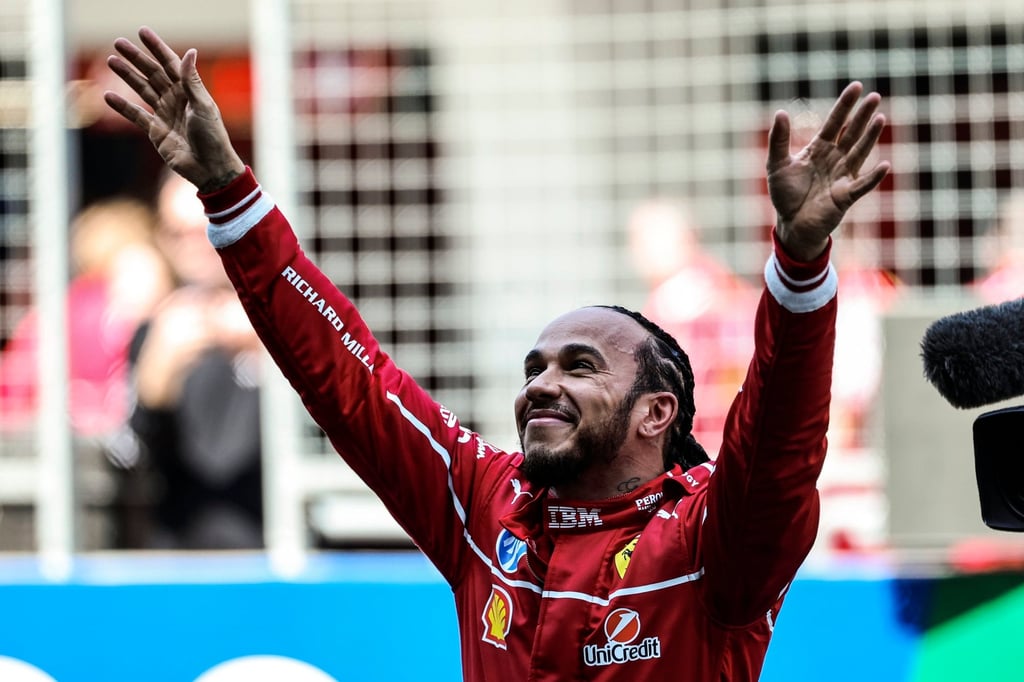 Ferrari’s Lewis Hamilton celebrates winning the Chinese Grand Prix sprint race last year. Photo: EPA-EFE