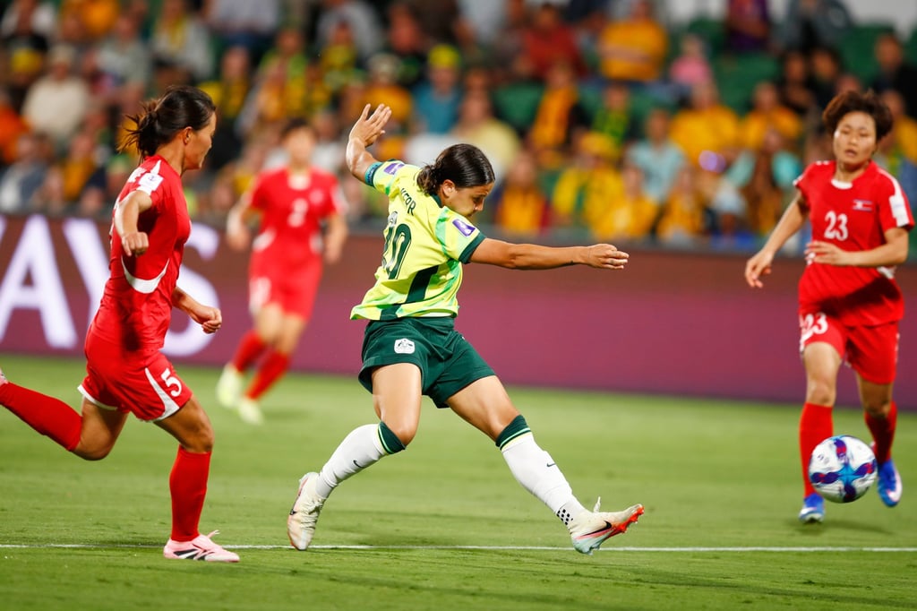 Sam Kerr of Australia scoring his team's second goal at halftime. Photo: AP