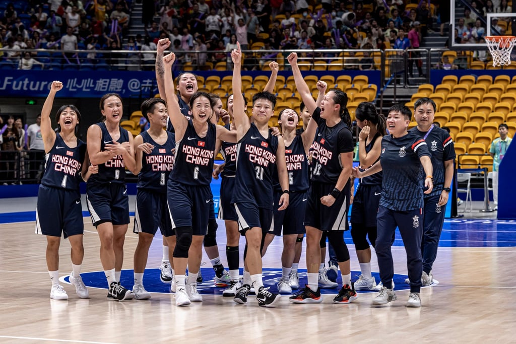 Hong Kong’s women celebrate beating Kazakhstan in the preliminary round of the 2023 Asian Games. Photo: Getty Images