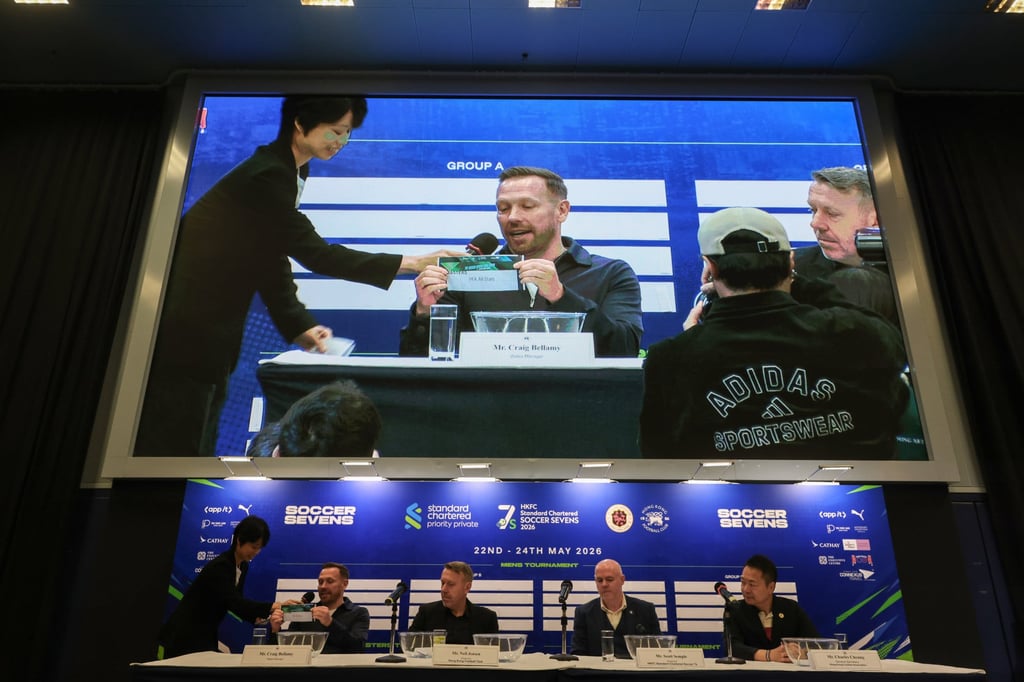 Wales boss Craig Bellamy (left) alongside Football Club chairman Neil Jensen, Scott Semple, chairman of the HKFC Soccer Sevens, and Charles Cheung, Football Association of Hong Kong, China, general secretary. Photo: Nora Tam