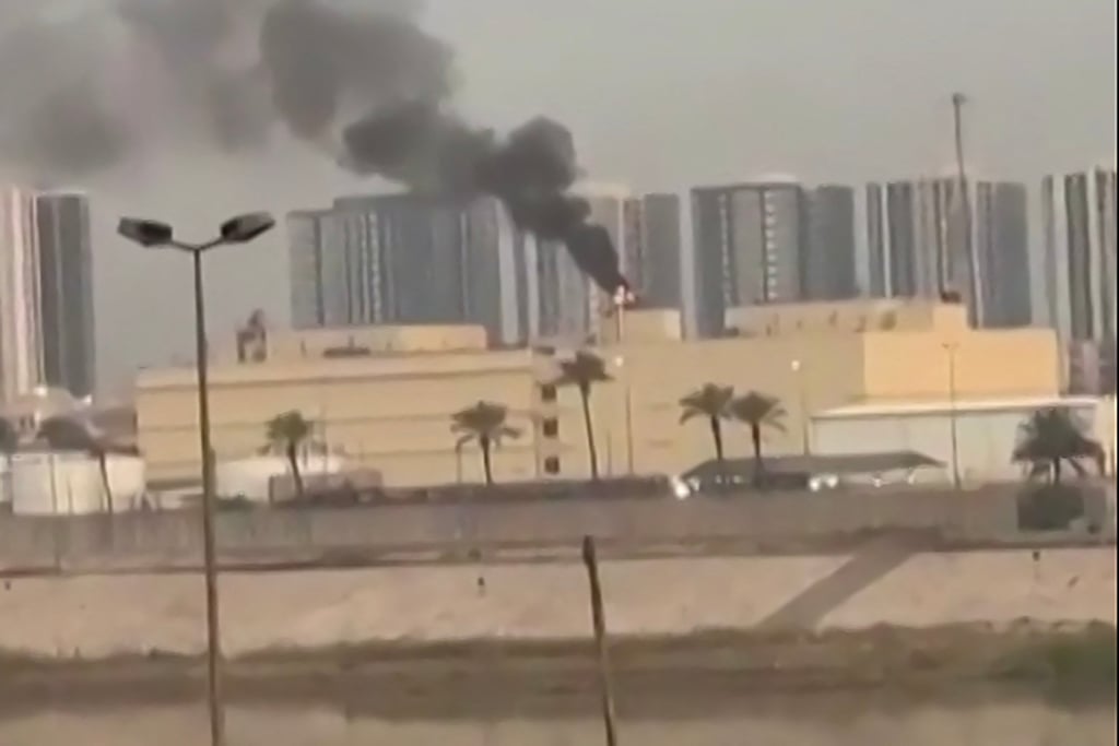 A video grab shows smoke billowing from the US embassy in Baghdad’s fortified “Green Zone” following a reported drone strike on Saturday. Photo: various sources / AFP A video grab shows smoke billowing from the US embassy in Baghdad’s fortified “Green Zone” following a reported drone strike on Saturday. Photo: various sources / AFP