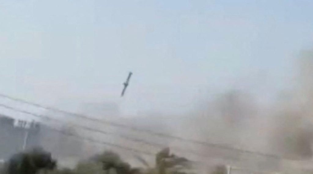 A screengrab shows what experts say is a US Tomahawk missile close to the Shajareh Tayyebeh girls’ school in Minab on February 28. Photo: Mehr News/Reuters