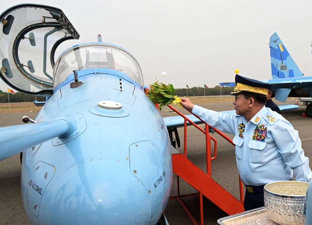 Senior General Min Aung Hlaing attends a ceremony to commission new aircraft in the Mandalay region of Myanmar, on Thursday. Photo: Myanmar Military True News Information Team/AP