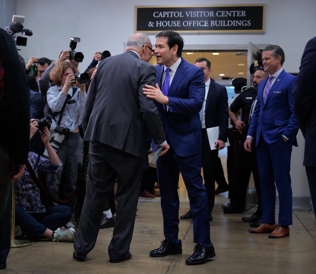 US Secretary of State Marco Rubio (centre) photographed wearing his Florsheim shoes – that appear to be a few sizes too large. Photo: Getty Images