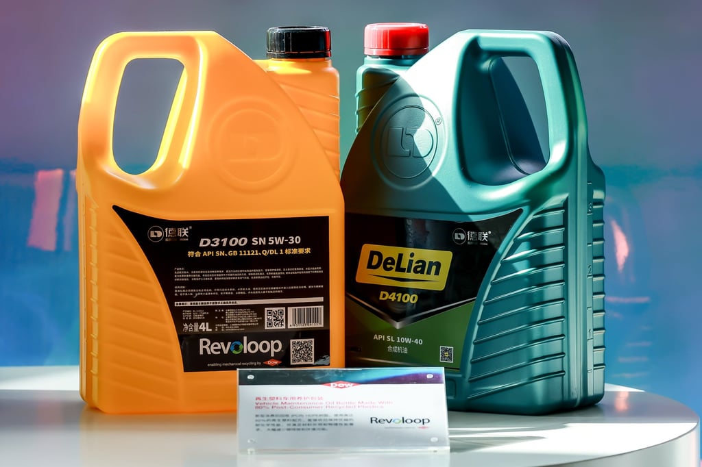 Each one of motor vehicle-care brand Delian’s engine-oil bottles has a QR code which consumers can scan to see where the recycled plastic came from, using Dow’s Track and Trace Platform. Photo: Dow