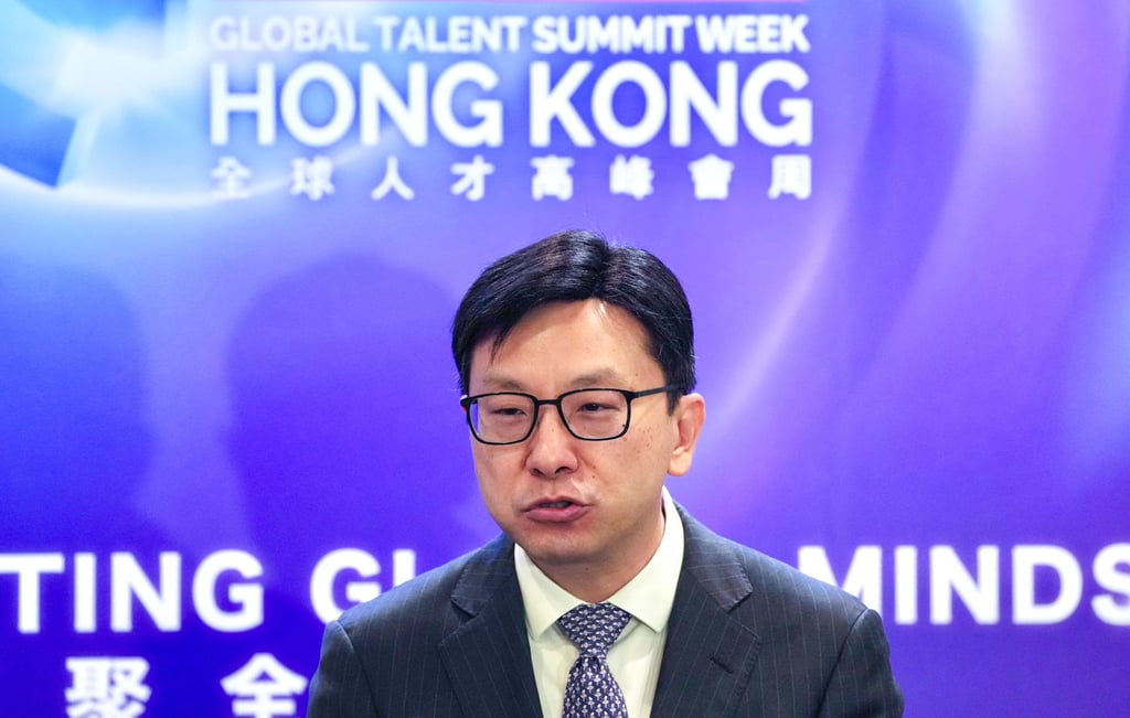 Secretary for Labour and Welfare Chris Sun speaks to media at the Global Talent Summit Week. Photo: Karma Lo