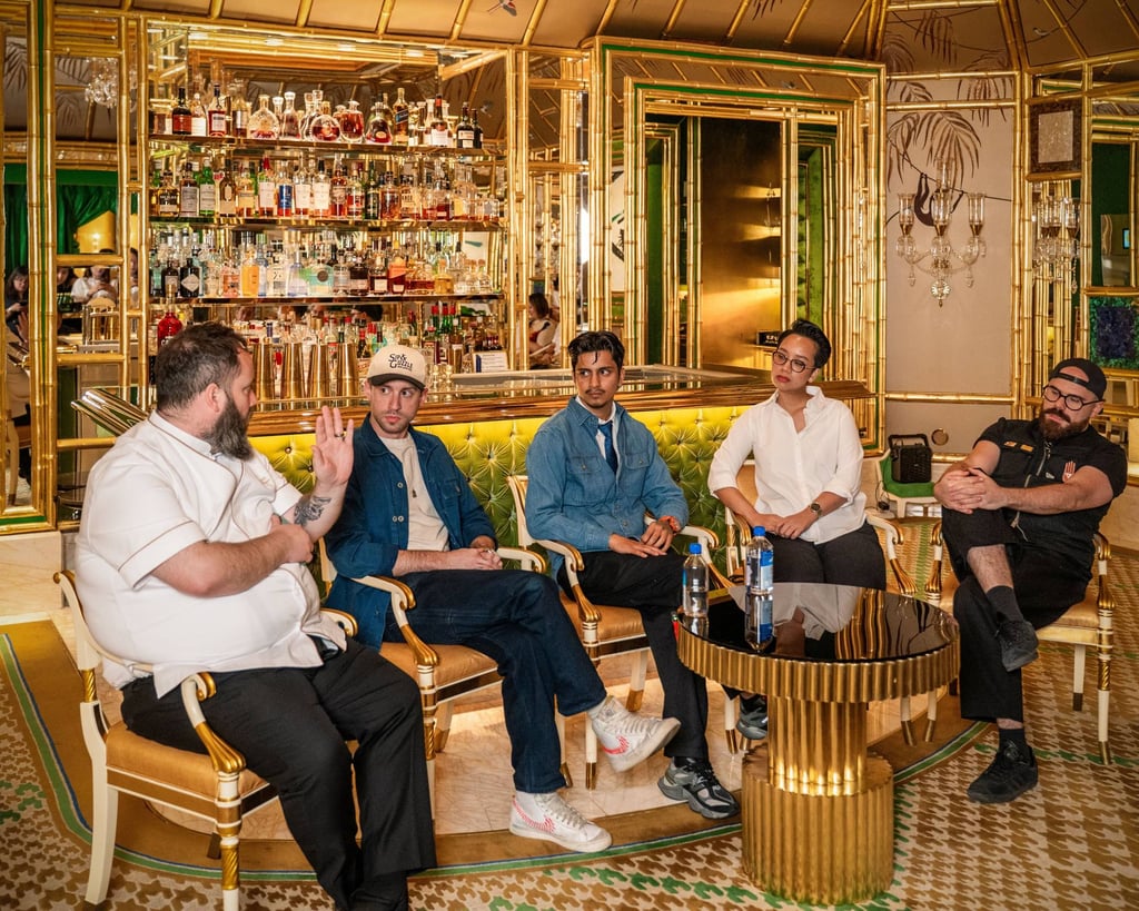 (From left) Wing Lei Bar’s Mark Lloyd, Sip & Guzzle’s Ben Yabrow, No Vacancy’s Shashank Rana, Modernhaus’ Fransiska Putri and Archive & Myth’s Jack Sotti talk about classic cocktails at the Wynn Palace’s Wing Lei Bar. Photo: Wing Lei Bar