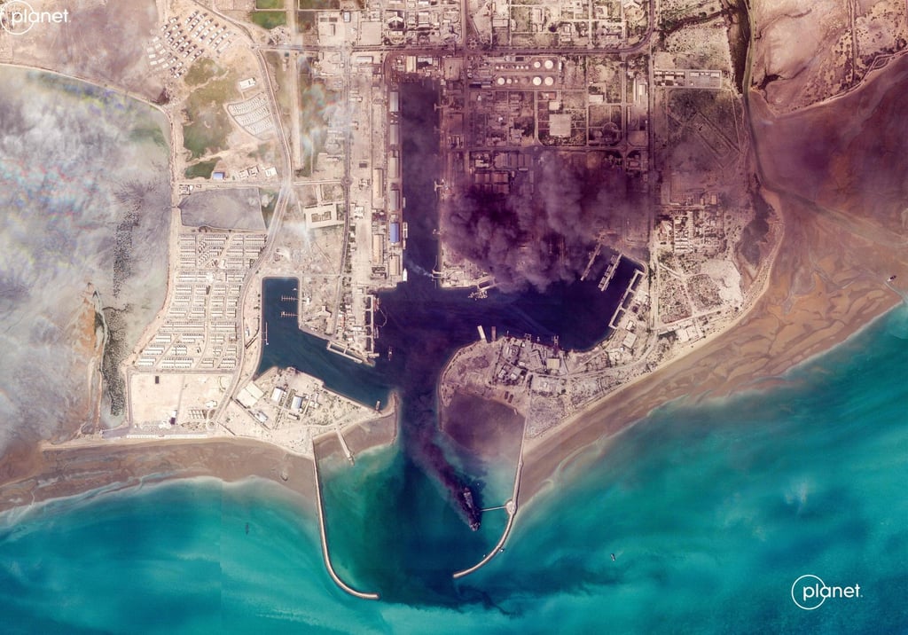 Smoke billowing following an explosion at the Iranian port of Bandar Abbas on March 2. Photo: Planet Labs PBC via AFP