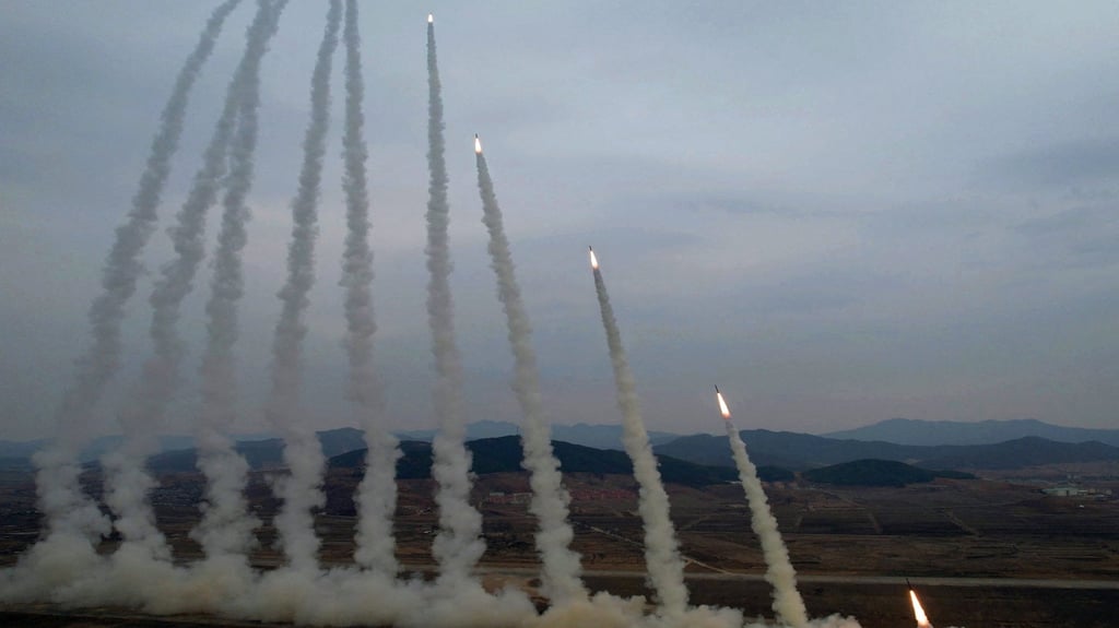 A test-launch of 600 mm-calibre multiple rocket launchers by North Korea’s military on Saturday. Photo: KCNA/Reuters