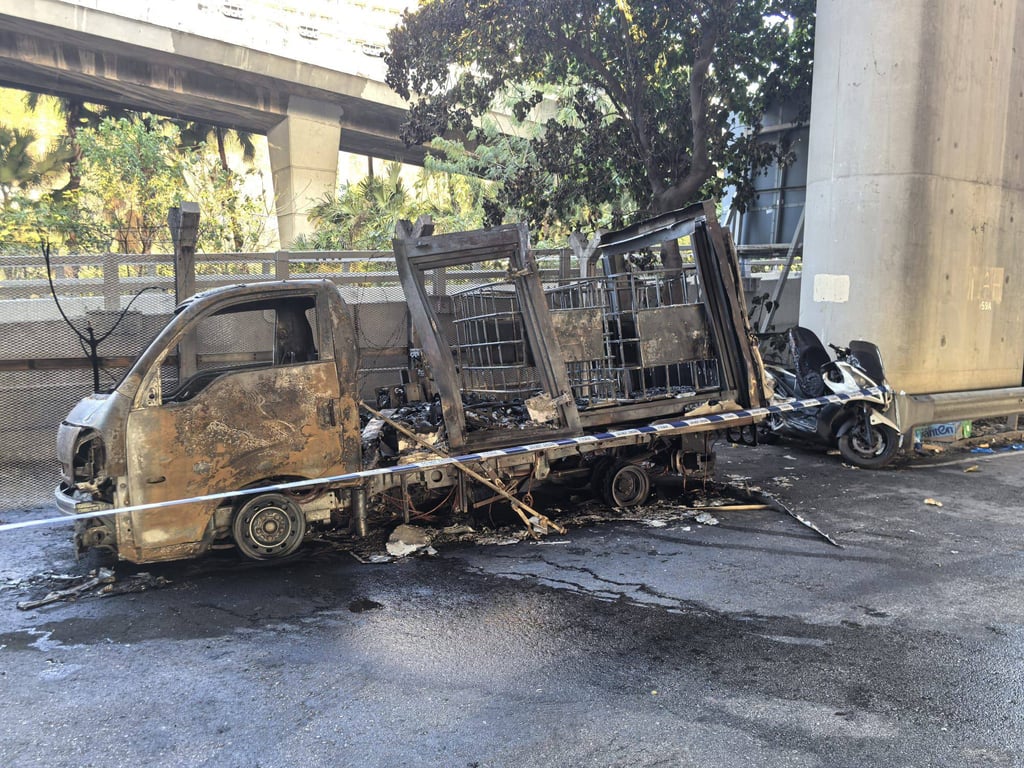 A truck that caught fire on Container Terminal South Road on Monday is suspected of having been converted to carry up to 2,000 litres of black-market fuel. Photo: Handout