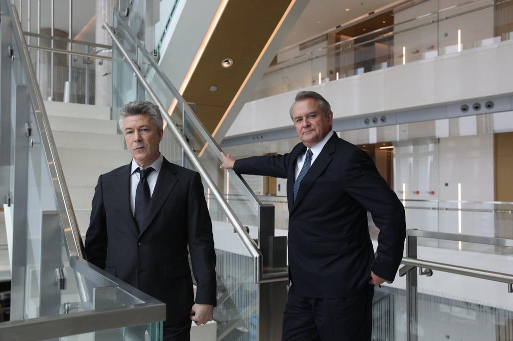 Aidan Gillen (left) and Hugh Bonneville in Kowloon Bay. Photo: Xiaomei Chen Aidan Gillen (left) and Hugh Bonneville in Kowloon Bay. Photo: Xiaomei Chen
