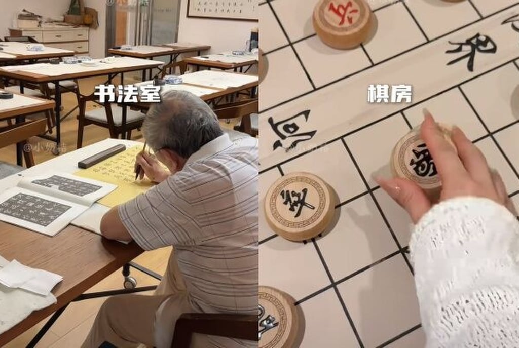An elderly resident practices his calligraphy, left. While games of mahjong are also on offer. Photo: www.ettoday.net