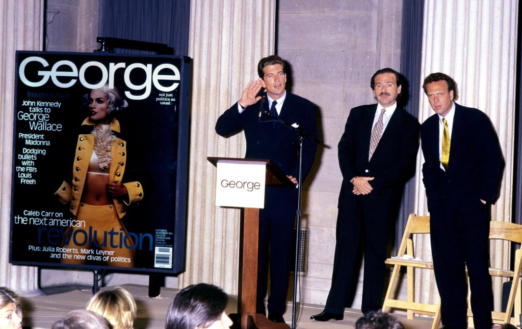 John F. Kennedy Jr, CEO of Hachette Filipacchi Magazines David Pecker, and Michael J. Berman holding a 1995 press conference for new magazine George, in New York. Photo: Ron Galella Collection via Getty Images