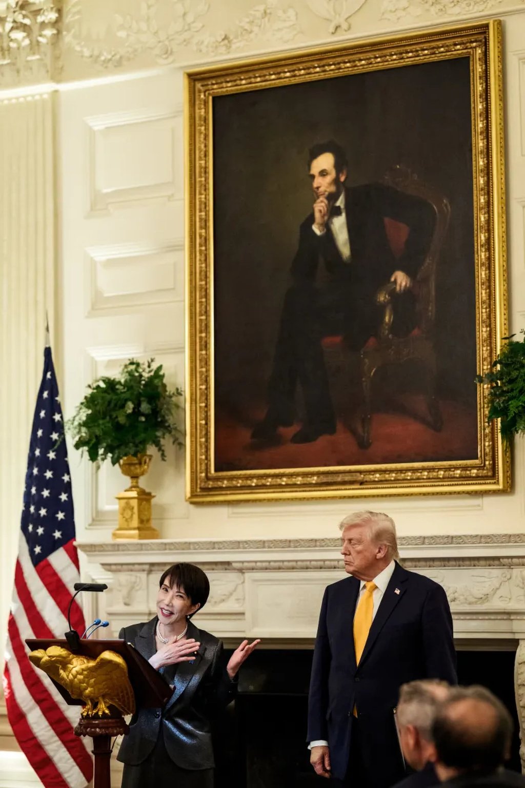 Japanese Prime Minister Sanae Takaichi and US President Donald Trump deliver remarks in the State Dining Room. Photo: Handout