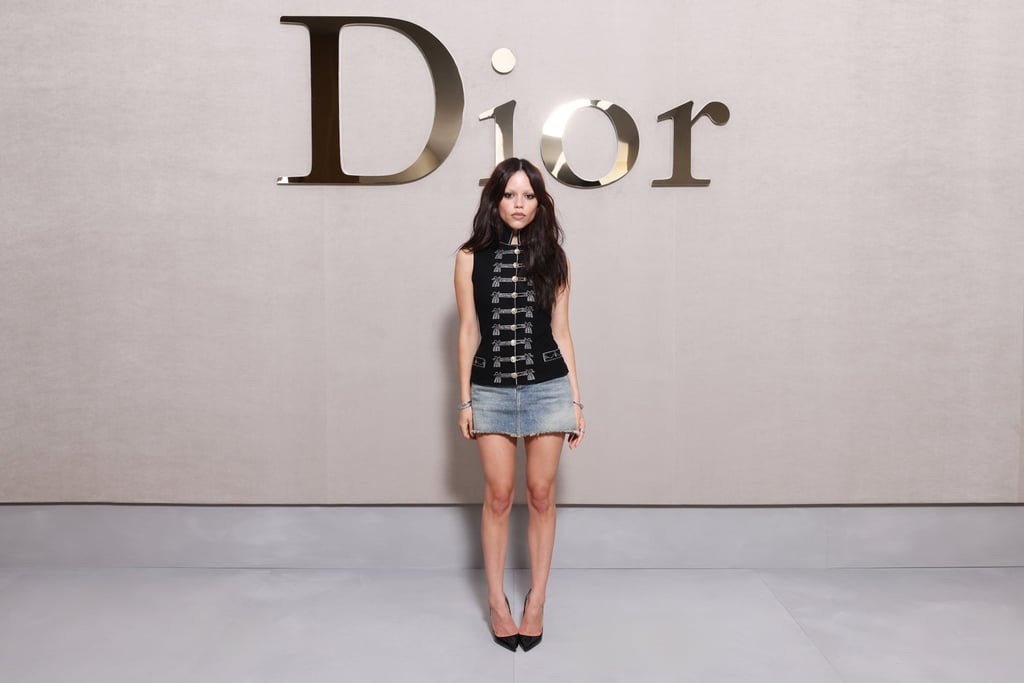 Jenna Ortega in a military jacket at the Christian Dior womenswear spring/summer 2026 show. Photo: Getty Images