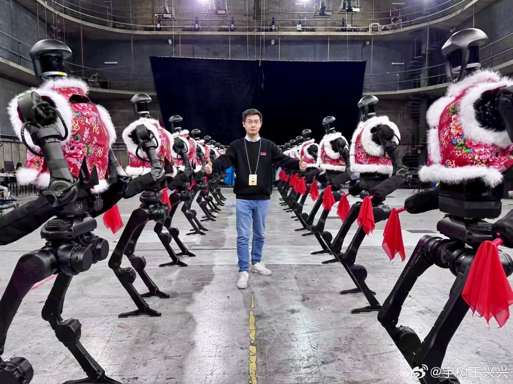 A photo posted by Wang Xingxing, CEO of Unitree Robotics, shows him with the the company’s H1 general-purpose humanoids ahead of a Chinese New Year te